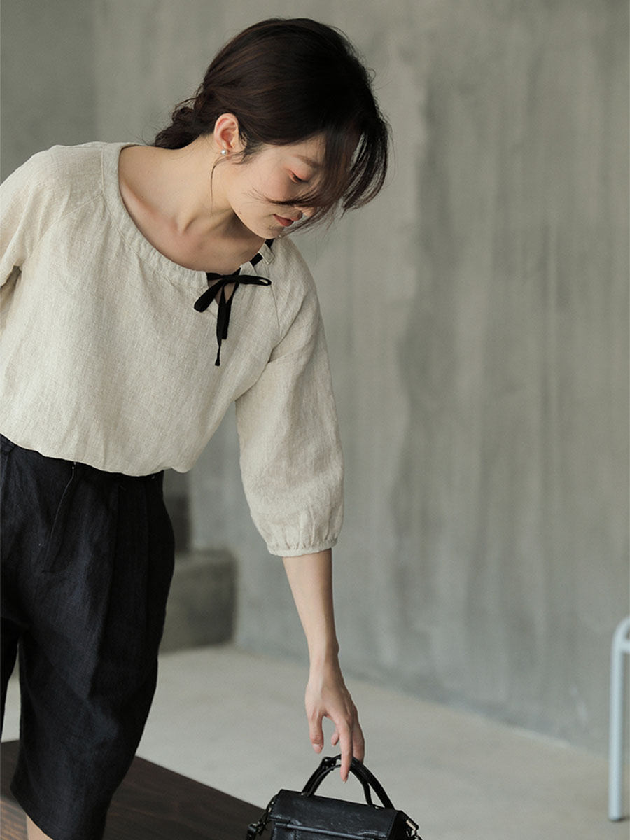 アート感溢れるリネン素材ショート丈半袖トップス-Sodemai