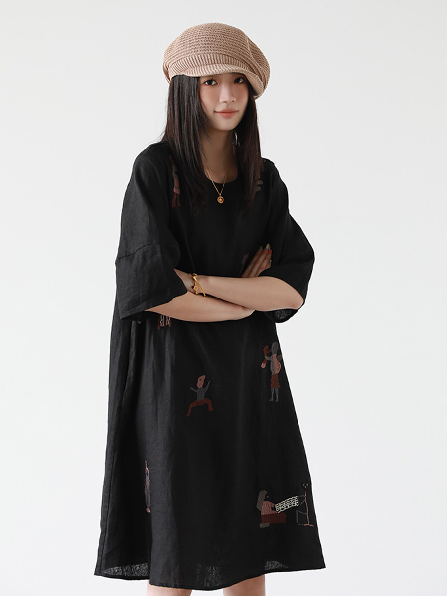 初秋用カジュアル風ハンド刺繍ワンピース-Sodemai