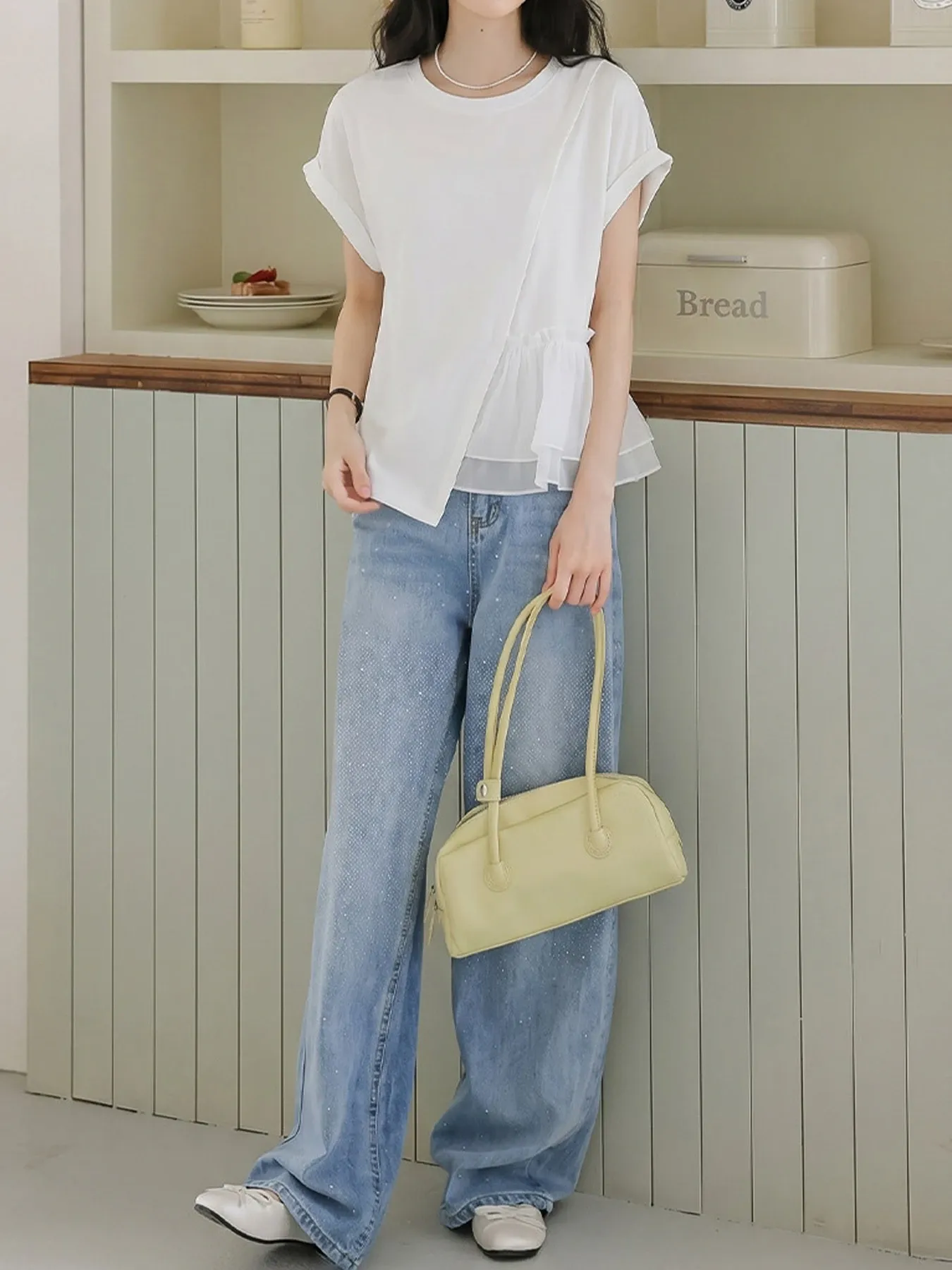 おしゃれなアシンメトリーデザイン細見え半袖Tシャツ