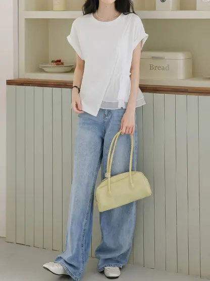 おしゃれなアシンメトリーデザイン細見え半袖Tシャツ