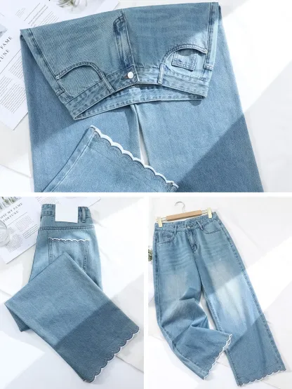 「身長150cm以上向け」ハイウエストすっきり見えフリルヘムストレートデニムパンツ