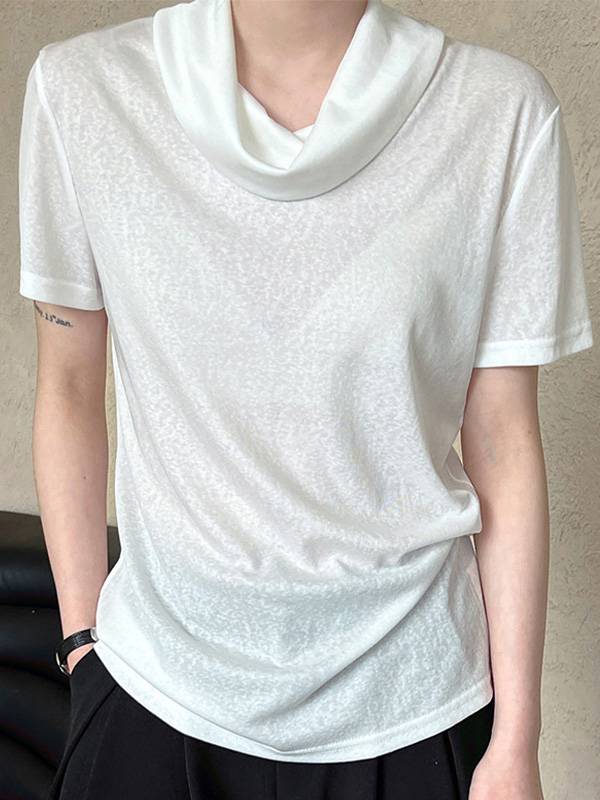 シンプルなデザインくしゅっとネック薄手半袖Tシャツ