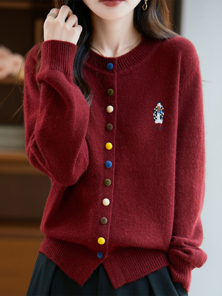 秋冬クルーネッカラーボタン刺繍入りふんわり起毛カーディガン -Sodemai