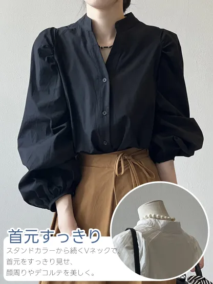 "スタンドカラーギャザー入りパフスリーブVネックブラウス "