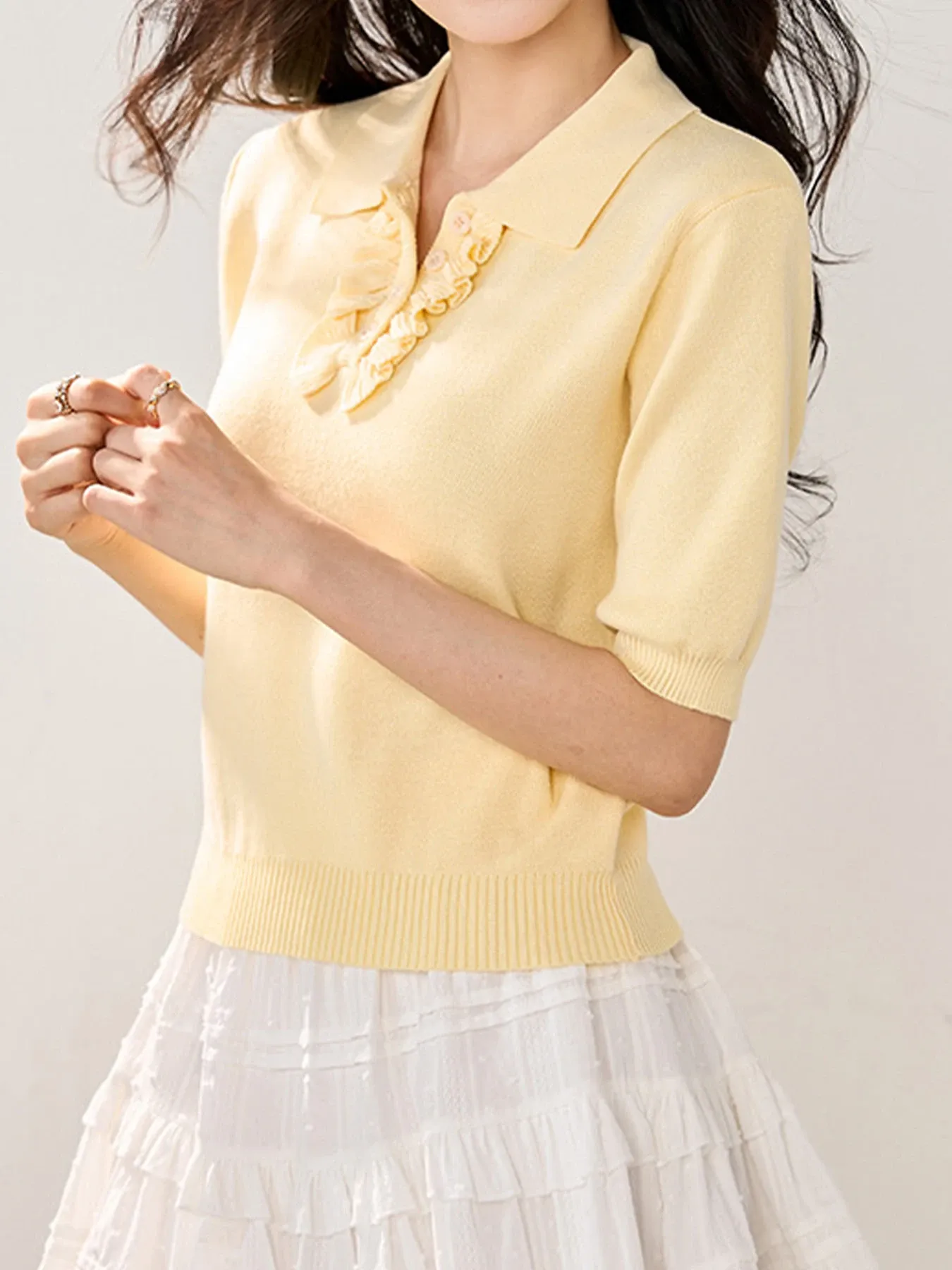 ポロ襟フリル付きデザインニット半袖Tシャツ