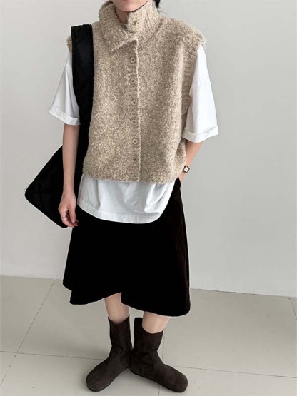 ミニマルふんわりスタンドカラーニットベスト-Sodemai