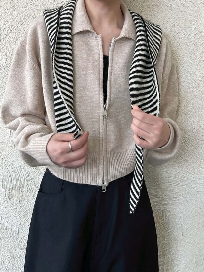ニットポロ襟ショート丈ダブルジッパーヘッドアウター-Sodemai