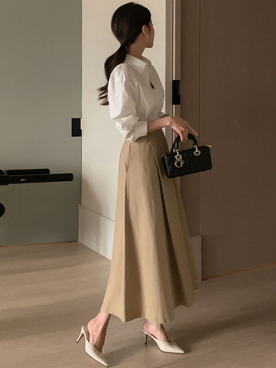 春秋用小柄さん向け通勤ハイウエストAラインミディ丈スカート-Sodemai