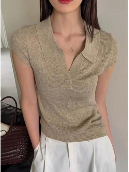 【2点11,690円】スリムフィット細見え折り襟付き半袖ニット