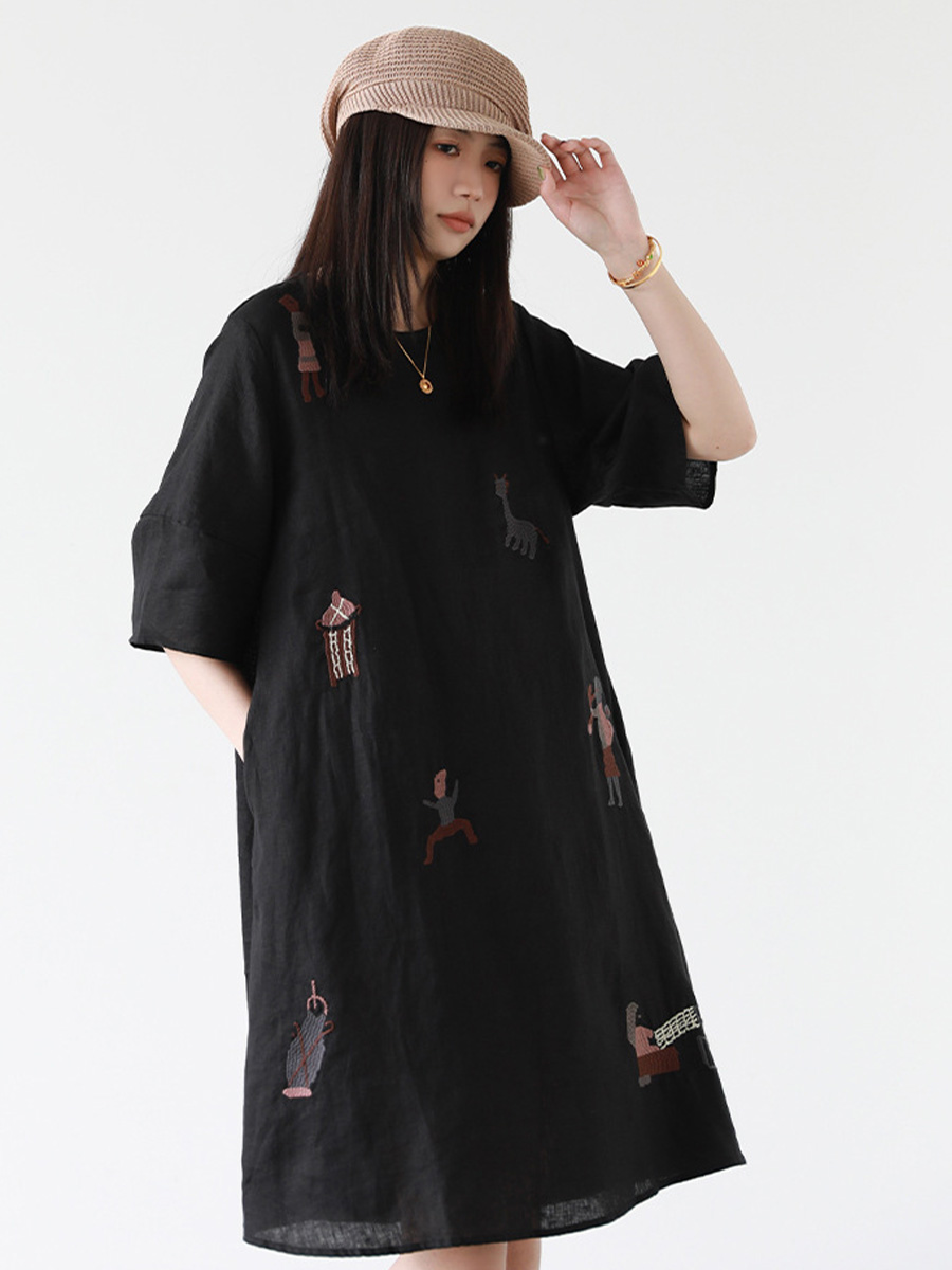 初秋用カジュアル風ハンド刺繍ワンピース-Sodemai