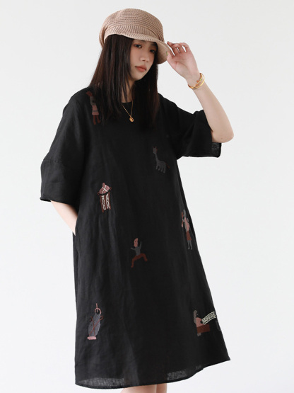 初秋用カジュアル風ハンド刺繍ワンピース-Sodemai