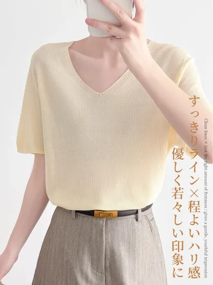 アイスシルクVネック半袖ニット