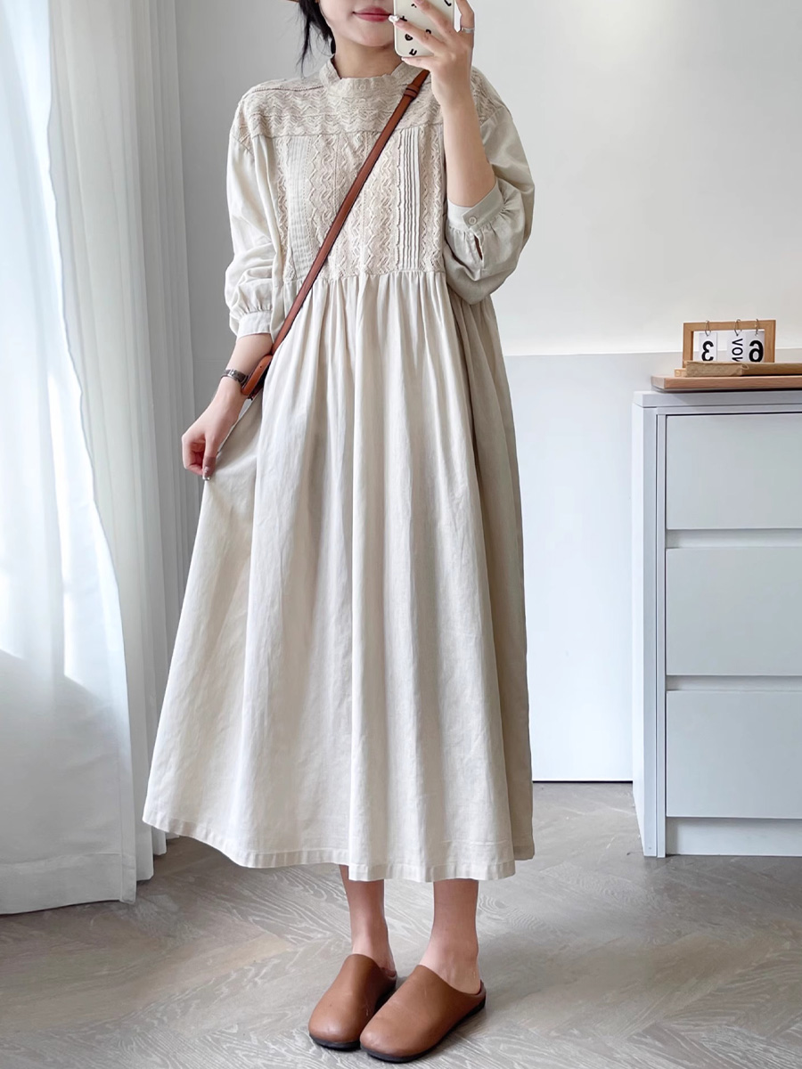 初秋用レトロ風職人技刺繍長袖ワンピース-Sodemai