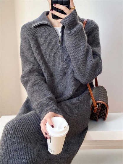 膝下ミディアムロング折り襟ゆったりニットワンピース-Sodemai