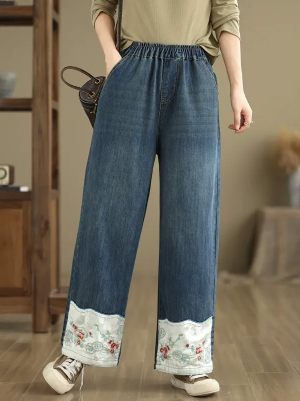 「身長145～160cm向け」レトロ刺繍入りワイドデニムパンツ-Sodemai
