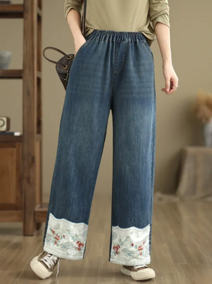 「身長145～160cm向け」レトロ刺繍入りワイドデニムパンツ-Sodemai