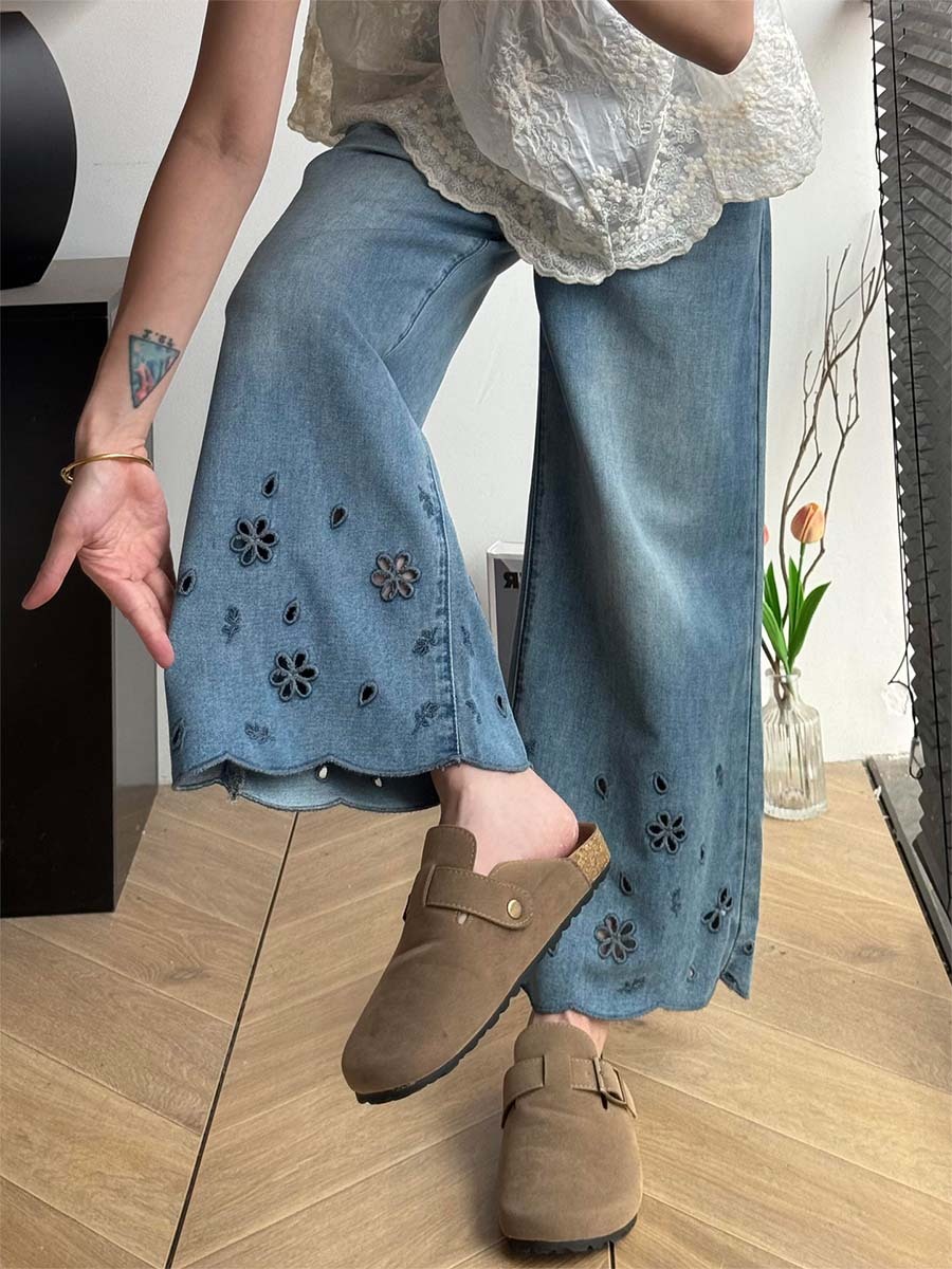「身長145cm向け」ゆったりレース刺繍入りハイウエスト細見えデニムパンツ-Sodemai