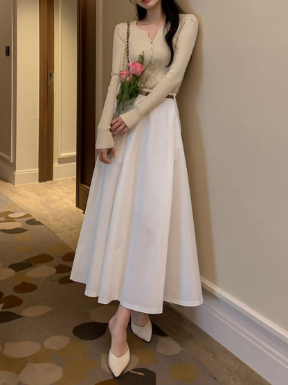 春秋用小柄さん向け通勤ハイウエストAラインミディ丈スカート-Sodemai