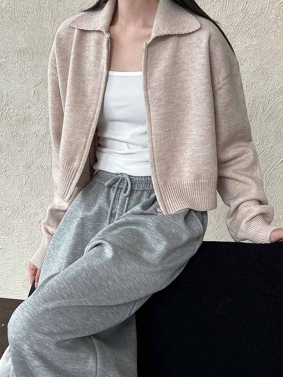 ニットポロ襟ショート丈ダブルジッパーヘッドアウター-Sodemai