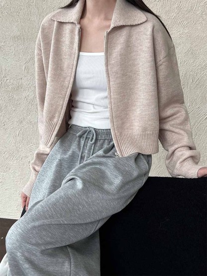 ニットポロ襟ショート丈ダブルジッパーヘッドアウター-Sodemai