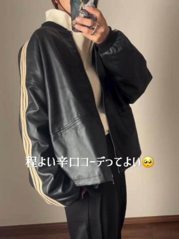 細見えジップアップPUレザージャケット