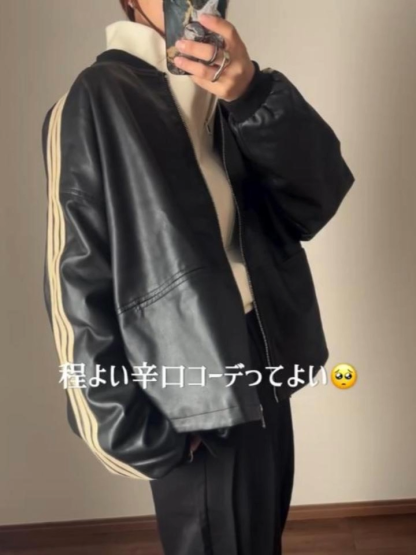 細見えジップアップPUレザージャケット
