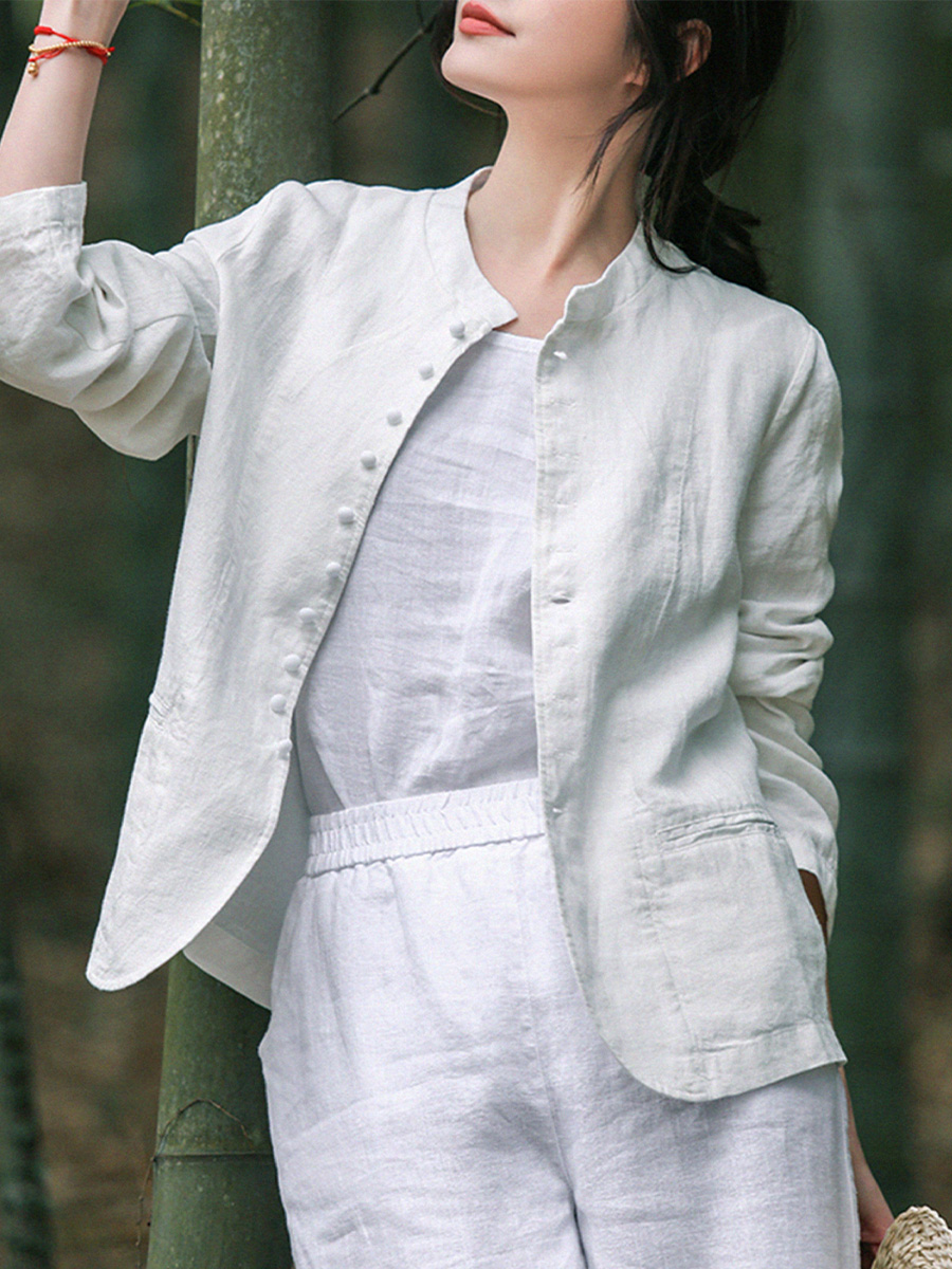 コットンリネンカジュアルスタンドカラーテーラードジャケット