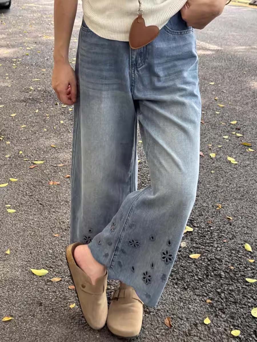 「身長145cm向け」ゆったりレース刺繍入りハイウエスト細見えデニムパンツ-Sodemai