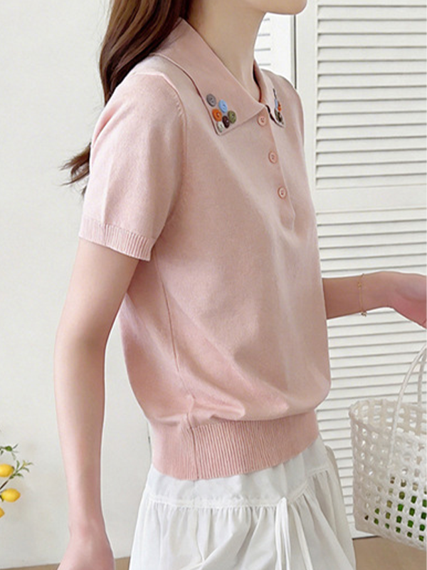 新作ウール混ポロ襟半袖ニットトップス