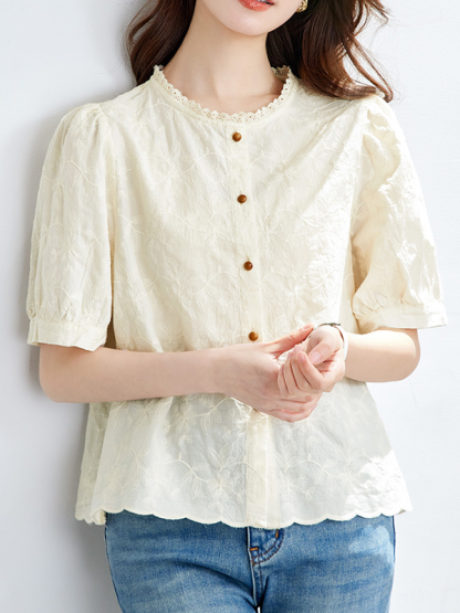 コットン刺繍入り レースフリル付きクルーネックブラウス