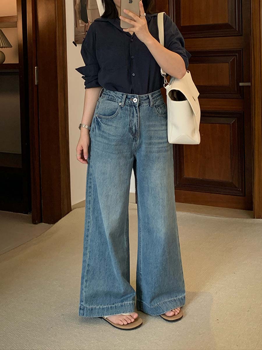 「身長150cm向け」春秋向けハイウエストストレートワイドデニムパンツ-Sodemai