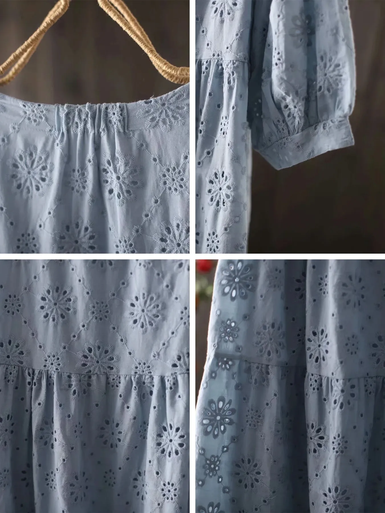 ゆったりカットワーク刺繍入り細見えコットンワンピース
