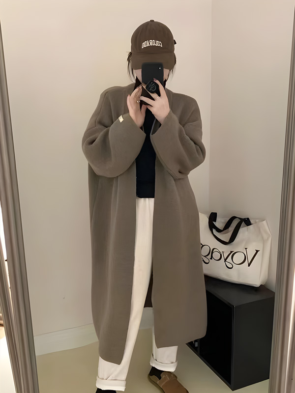 秋冬向け抜け感のある厚手ロングニットカーディガン-Sodemai