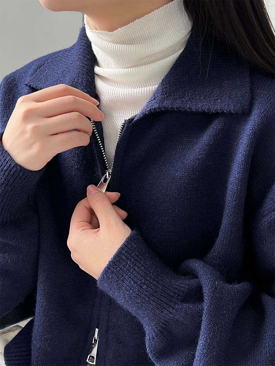 ニットポロ襟ショート丈ダブルジッパーヘッドアウター-Sodemai