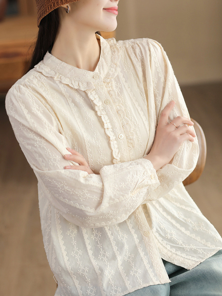 総刺繍メロウフリルコットンブラウス-Sodemai