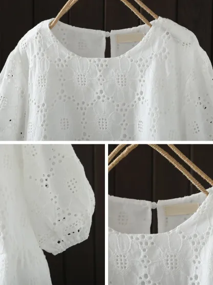 刺繍レースラウンドネック半袖ブラウス