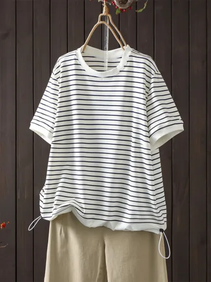 ボーダー柄クルーネック裾ドローストリング付き半袖Tシャツ