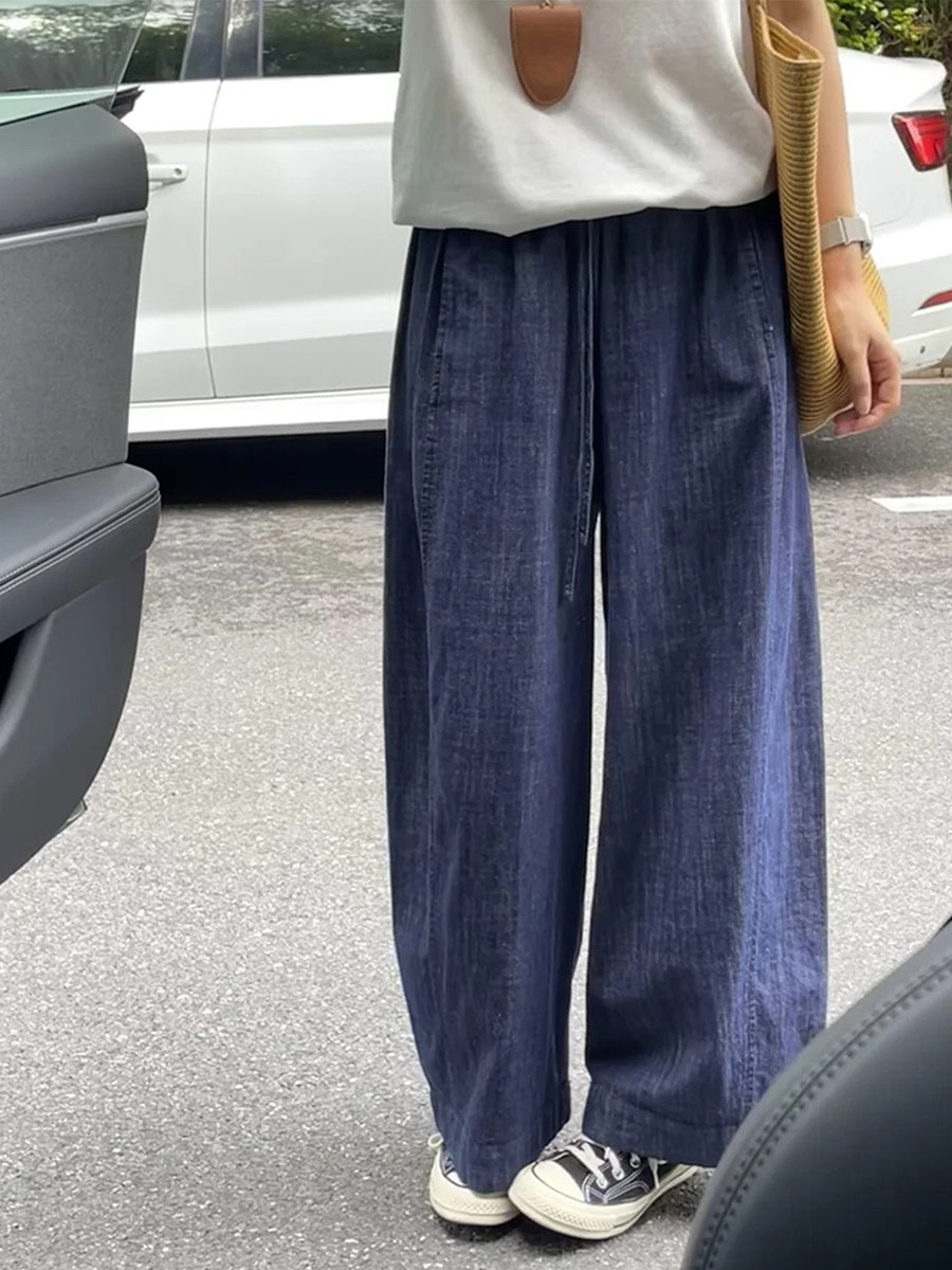 「身長145～160cm向け 」ネイビー落ち感のあるワイドパンツ-Sodemai