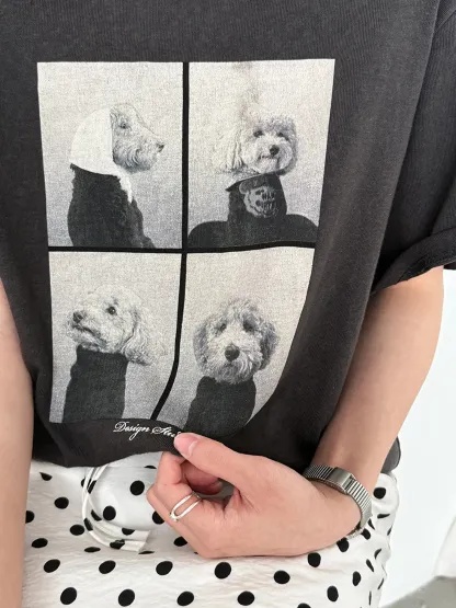 ゆったり着回し力抜群犬柄プリント入り半袖Tシャツ
