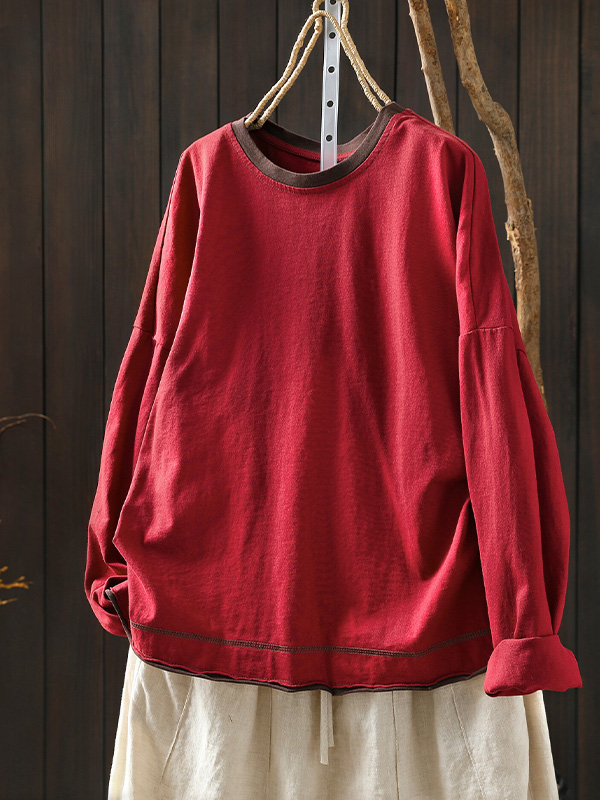 レトロ風細見え配色コットンプルオーバーTシャツ