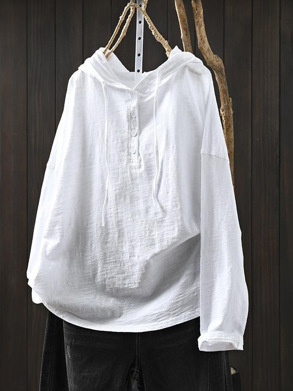 ゆったりフード付きスラブコットン長袖Tシャツ-Sodemai