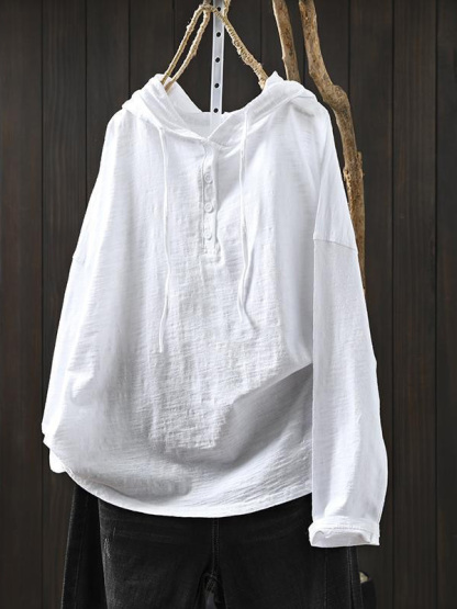 ゆったりフード付きスラブコットン長袖Tシャツ-Sodemai