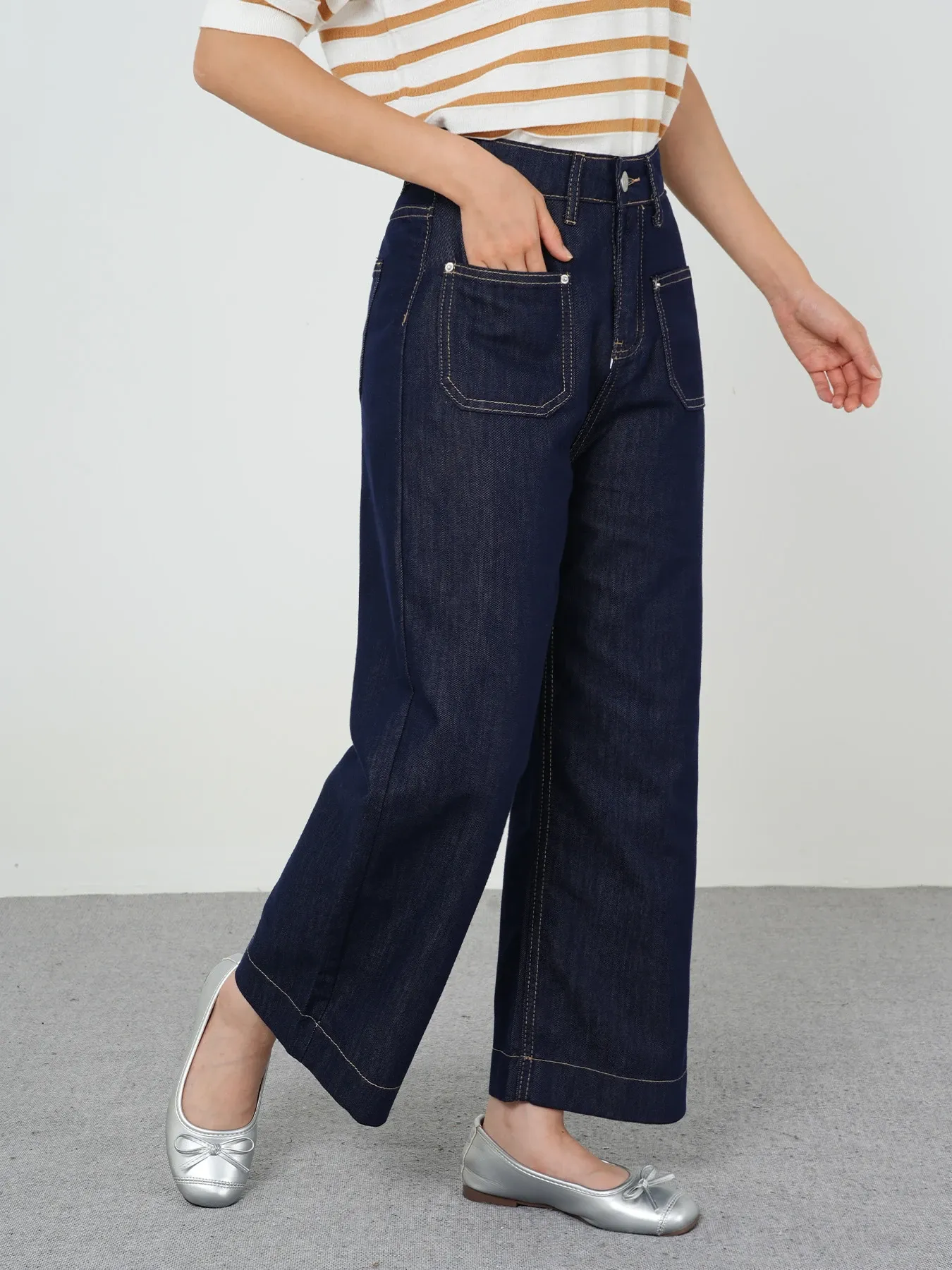 小柄向けすっきり見えハイウエストストレートデニムパンツ 
