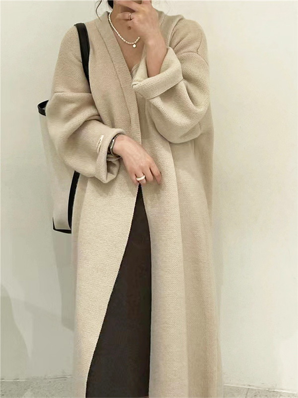 秋冬向け抜け感のある厚手ロングニットカーディガン-Sodemai