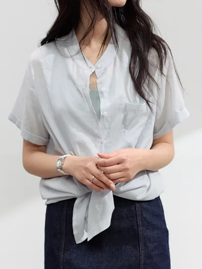 シンプルなリヨセルリネン半袖シャツ
