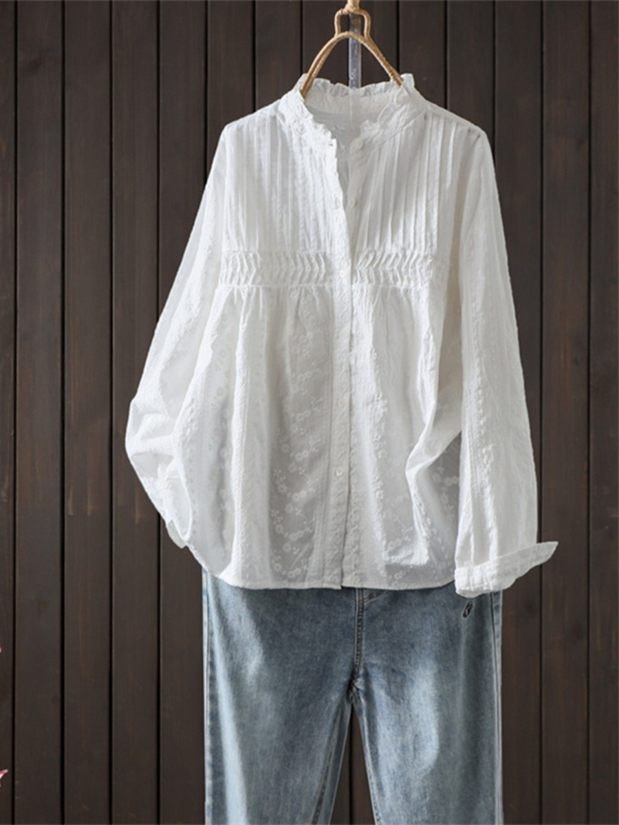 初秋用レトロレースカラー刺繍コットンシャツ-Sodemai