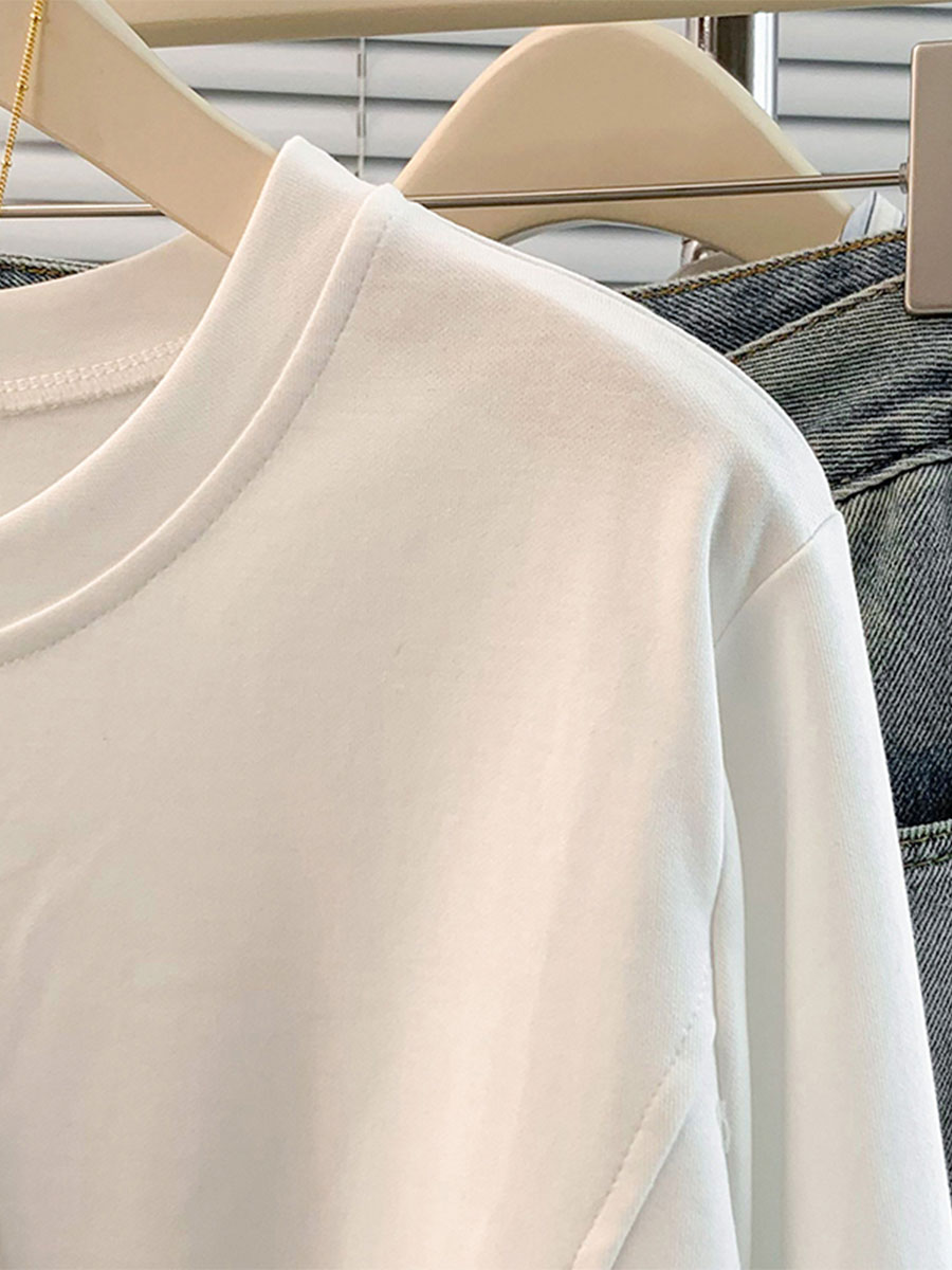 無地ソフトなアシンメトリーデザイン長袖Tシャツ-Sodemai