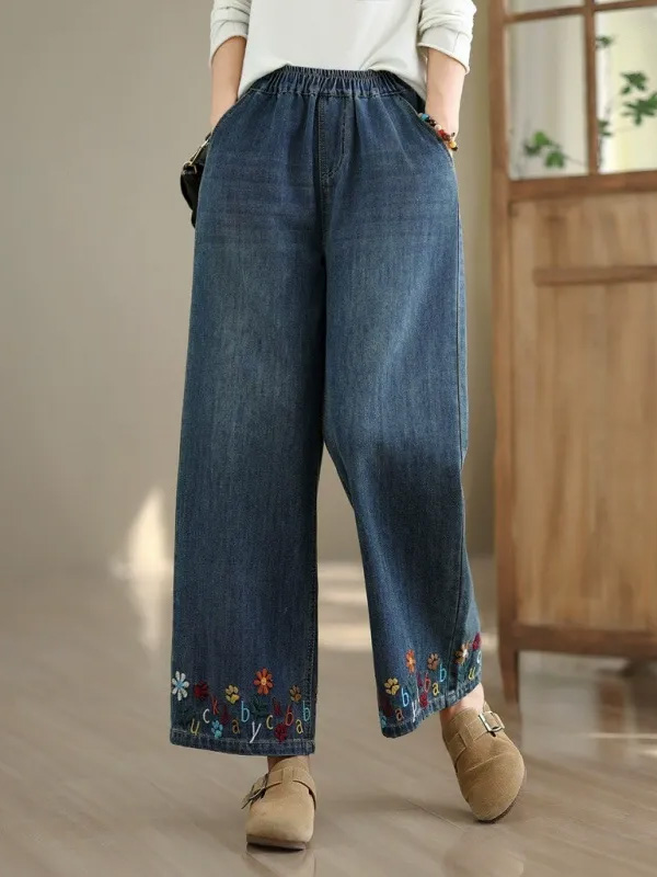「身長145～160cm向け」レトロ刺繍入りワイドデニムパンツ-Sodemai