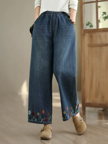 「身長145～160cm向け」レトロ刺繍入りワイドデニムパンツ-Sodemai
