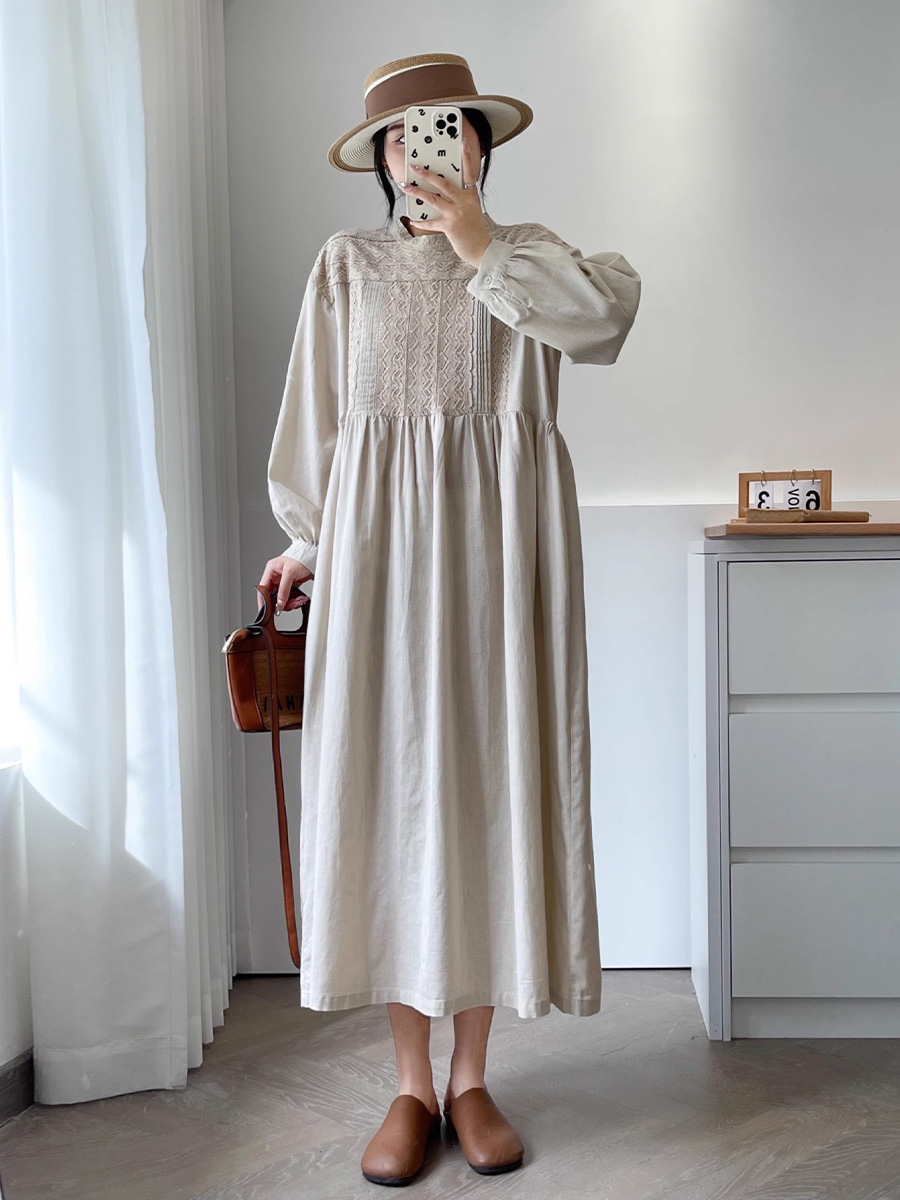 初秋用レトロ風職人技刺繍長袖ワンピース-Sodemai